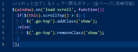 下スクロールで出てくるトップへ戻るボタン実装コードjs画像